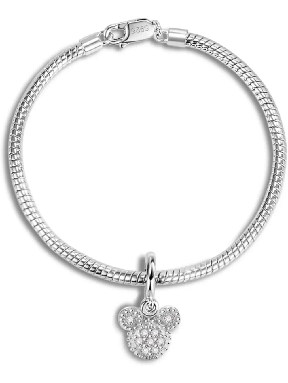 925 Silver Snake Chain Bracelet with Cute Bear Pendant - Adjustable 6.3-9''